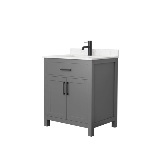 Wyndham Collection Beckett 30" Single Bathroom Dark Gray Vanity With White Carrara Cultured Marble Countertop, Undermount Square Sink And Matte Black Trim