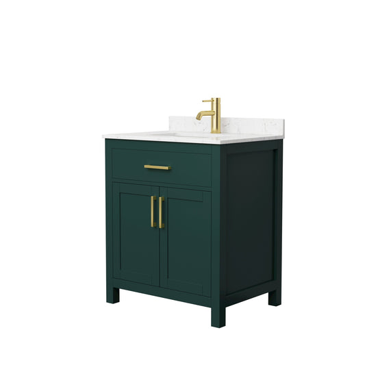 Wyndham Collection Beckett 30" Single Bathroom Green Vanity With White Carrara Cultured Marble Countertop, Undermount Square Sink And Brushed Gold Trim