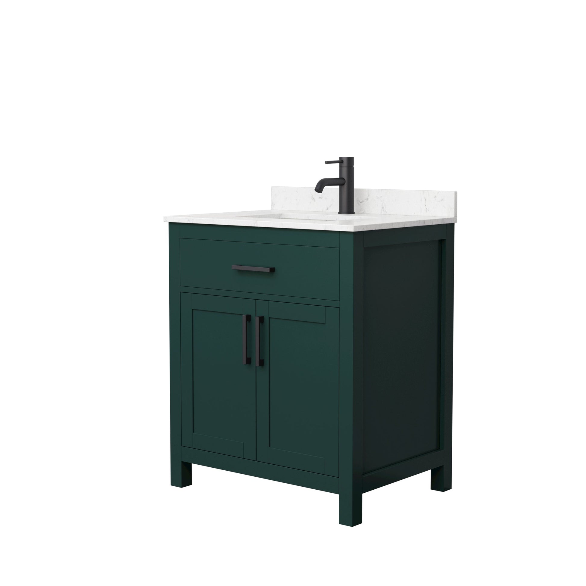 Wyndham Collection Beckett 30" Single Bathroom Green Vanity With White Carrara Cultured Marble Countertop, Undermount Square Sink And Matte Black Trim