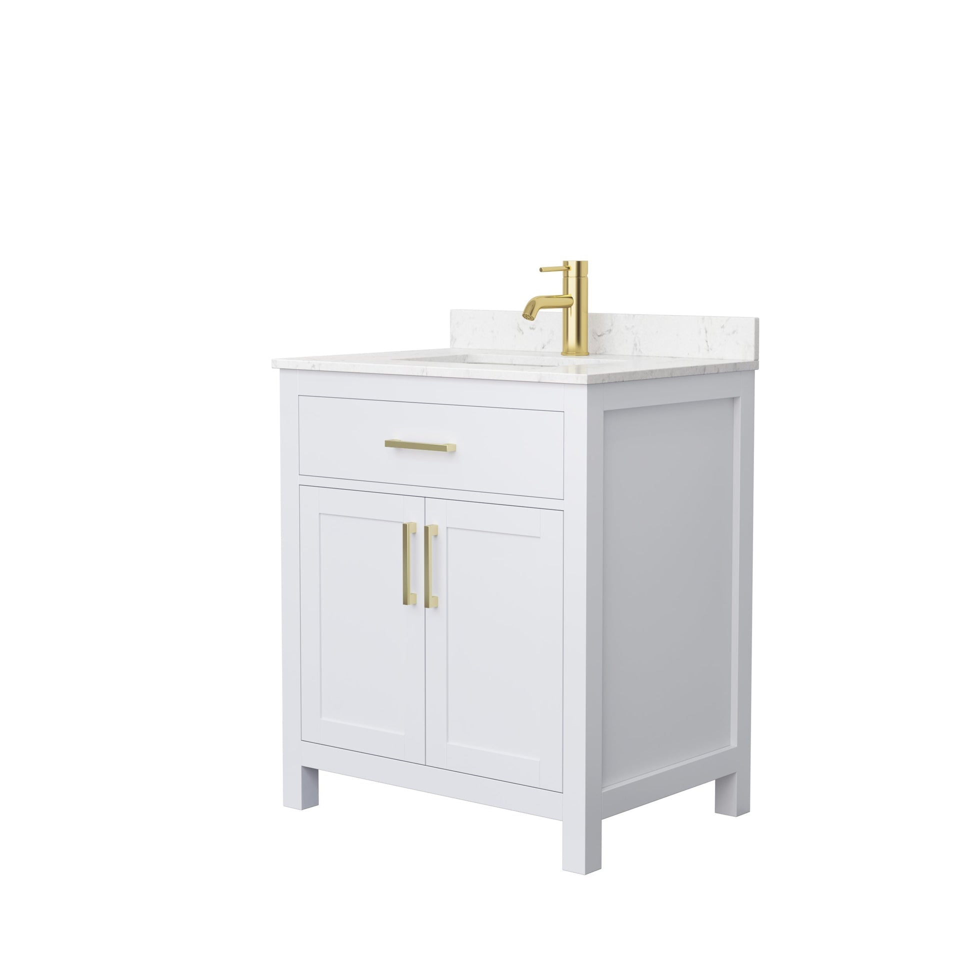 Wyndham Collection Beckett 30" Single Bathroom White Vanity With White Carrara Cultured Marble Countertop, Undermount Square Sink And Brushed Gold Trim
