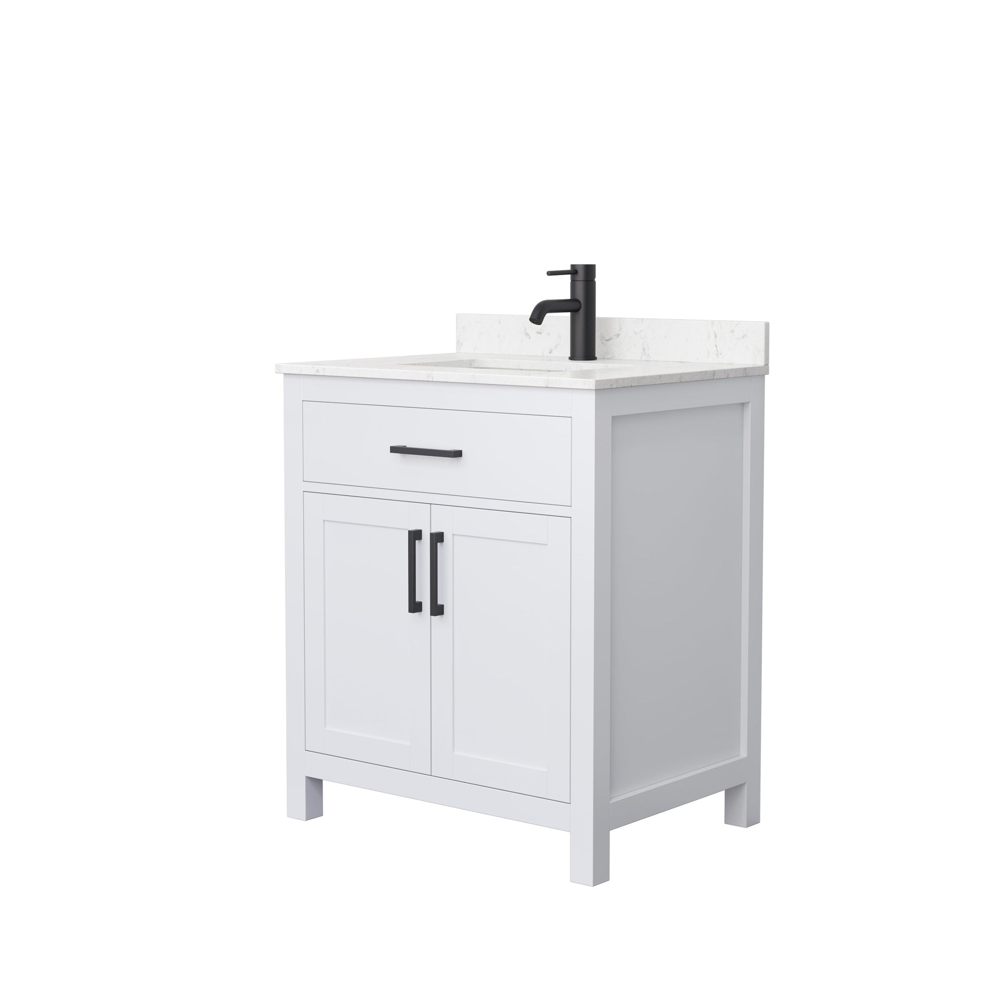 Wyndham Collection Beckett 30" Single Bathroom White Vanity With White Carrara Cultured Marble Countertop, Undermount Square Sink And Matte Black Trim