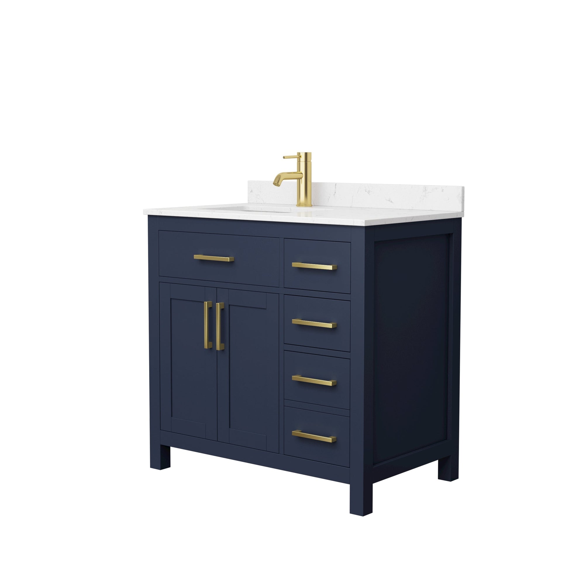Wyndham Collection Beckett 36" Single Bathroom Dark Blue Vanity With White Carrara Cultured Marble Countertop, Undermount Square Sink And Brushed Gold Trim