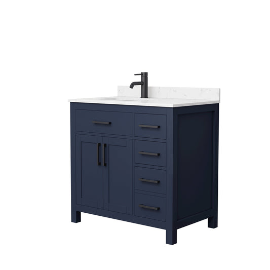 Wyndham Collection Beckett 36" Single Bathroom Dark Blue Vanity With White Carrara Cultured Marble Countertop, Undermount Square Sink And Matte Black Trim