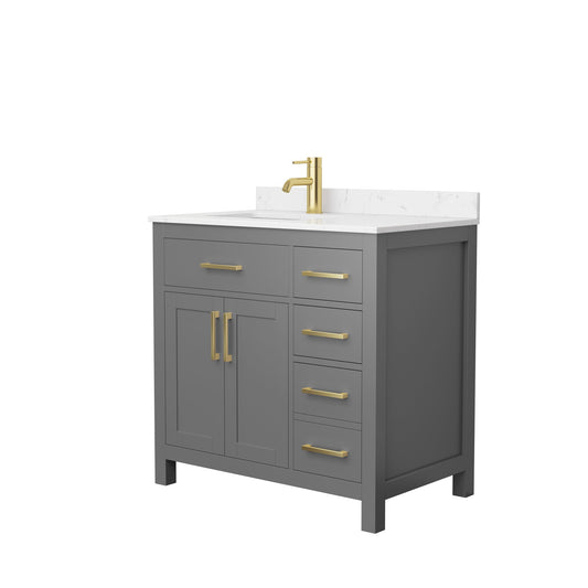 Wyndham Collection Beckett 36" Single Bathroom Dark Gray Vanity With White Carrara Cultured Marble Countertop, Undermount Square Sink And Brushed Gold Trim