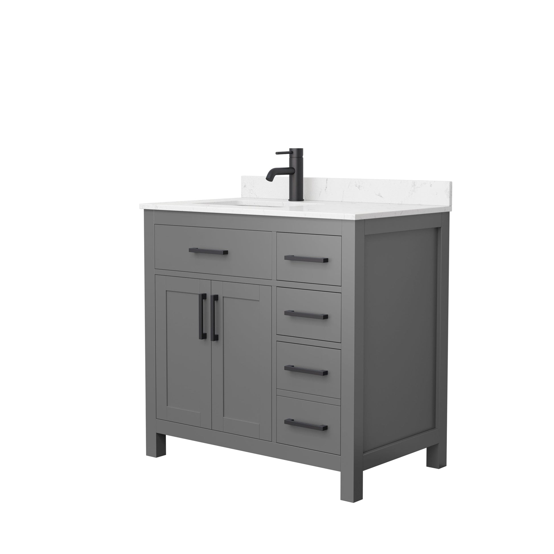 Wyndham Collection Beckett 36" Single Bathroom Dark Gray Vanity With White Carrara Cultured Marble Countertop, Undermount Square Sink And Matte Black Trim