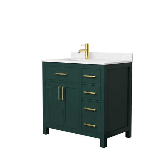 Wyndham Collection Beckett 36" Single Bathroom Green Vanity With White Carrara Cultured Marble Countertop, Undermount Square Sink And Brushed Gold Trim