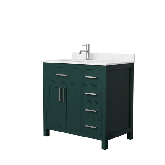 Wyndham Collection Beckett 36" Single Bathroom Green Vanity With White Carrara Cultured Marble Countertop, Undermount Square Sink And Brushed NIckel Trim