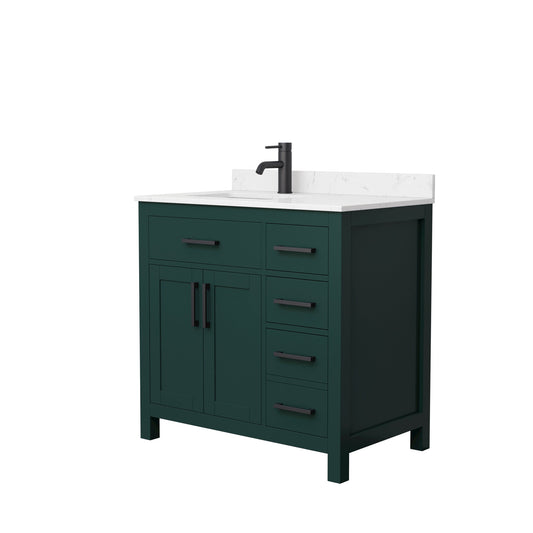 Wyndham Collection Beckett 36" Single Bathroom Green Vanity With White Carrara Cultured Marble Countertop, Undermount Square Sink And Matte Black Trim