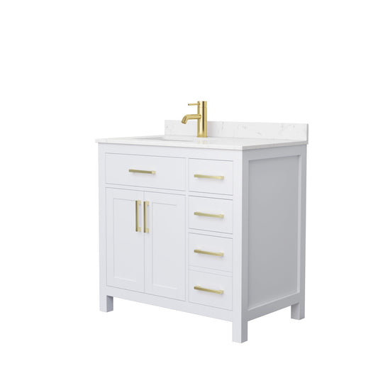 Wyndham Collection Beckett 36" Single Bathroom White Vanity With White Carrara Cultured Marble Countertop, Undermount Square Sink And Brushed Gold Trim