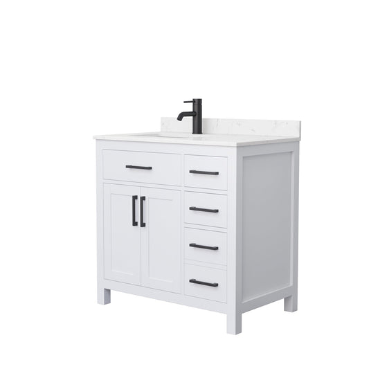 Wyndham Collection Beckett 36" Single Bathroom White Vanity With White Carrara Cultured Marble Countertop, Undermount Square Sink And Matte Black Trim