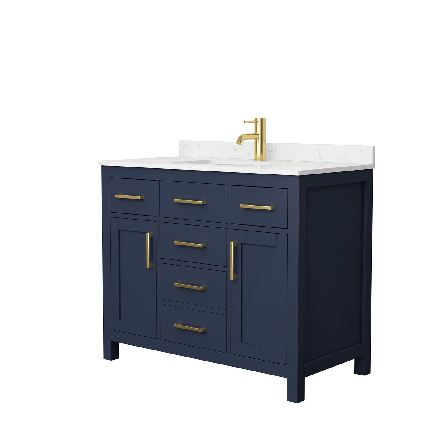 Wyndham Collection Beckett 42" Single Bathroom Dark Blue Vanity With White Carrara Cultured Marble Countertop, Undermount Square Sink And Brushed Gold Trim