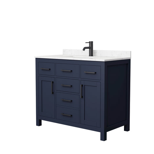 Wyndham Collection Beckett 42" Single Bathroom Dark Blue Vanity With White Carrara Cultured Marble Countertop, Undermount Square Sink And Matte Black Trim