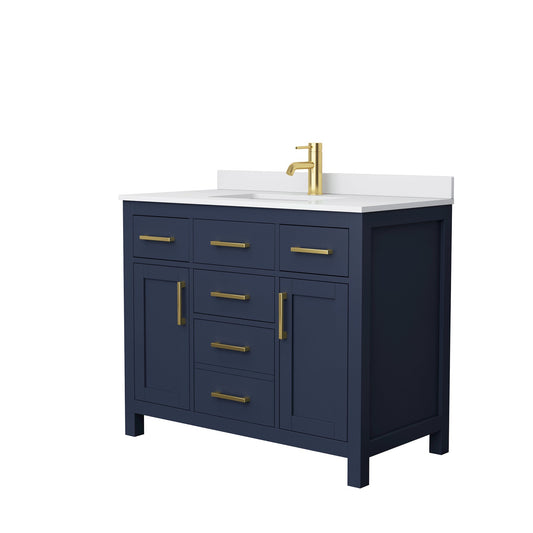 Wyndham Collection Beckett 42" Single Bathroom Dark Blue Vanity With White Cultured Marble Countertop, Undermount Square Sink And Brushed Gold Trim