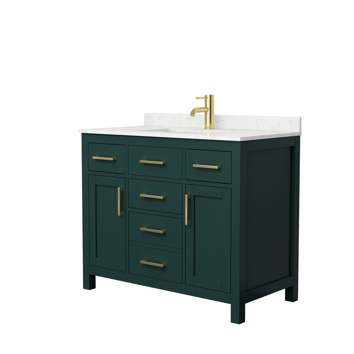 Wyndham Collection Beckett 42" Single Bathroom Green Vanity With White Carrara Cultured Marble Countertop, Undermount Square Sink And Brushed Gold Trim