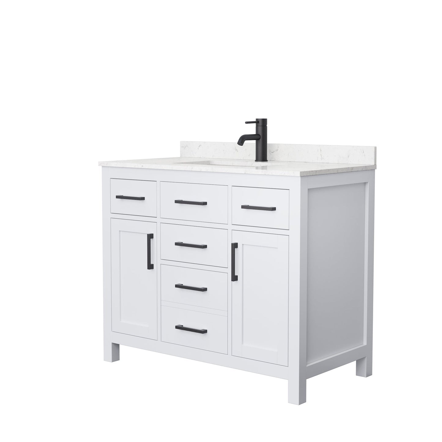 Wyndham Collection Beckett 42" Single Bathroom White Vanity With White Carrara Cultured Marble Countertop, Undermount Square Sink And Matte Black Trim