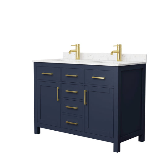 Wyndham Collection Beckett 48" Double Bathroom Dark Blue Vanity With White Carrara Cultured Marble Countertop, Undermount Square Sink And Brushed Gold Trim