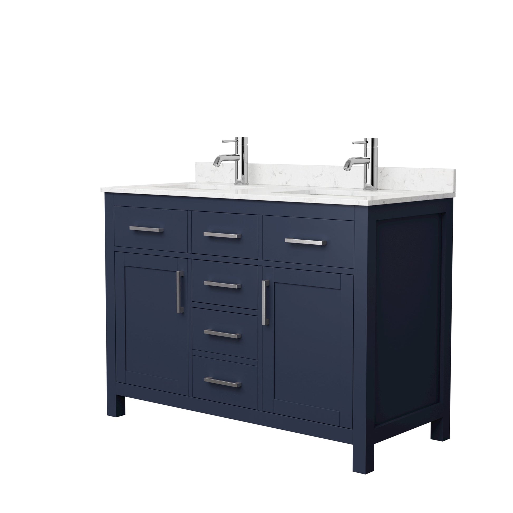 Wyndham Collection Beckett 48" Double Bathroom Dark Blue Vanity With White Carrara Cultured Marble Countertop, Undermount Square Sink And Brushed NIckel Trim