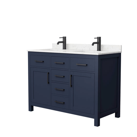 Wyndham Collection Beckett 48" Double Bathroom Dark Blue Vanity With White Carrara Cultured Marble Countertop, Undermount Square Sink And Matte Black Trim
