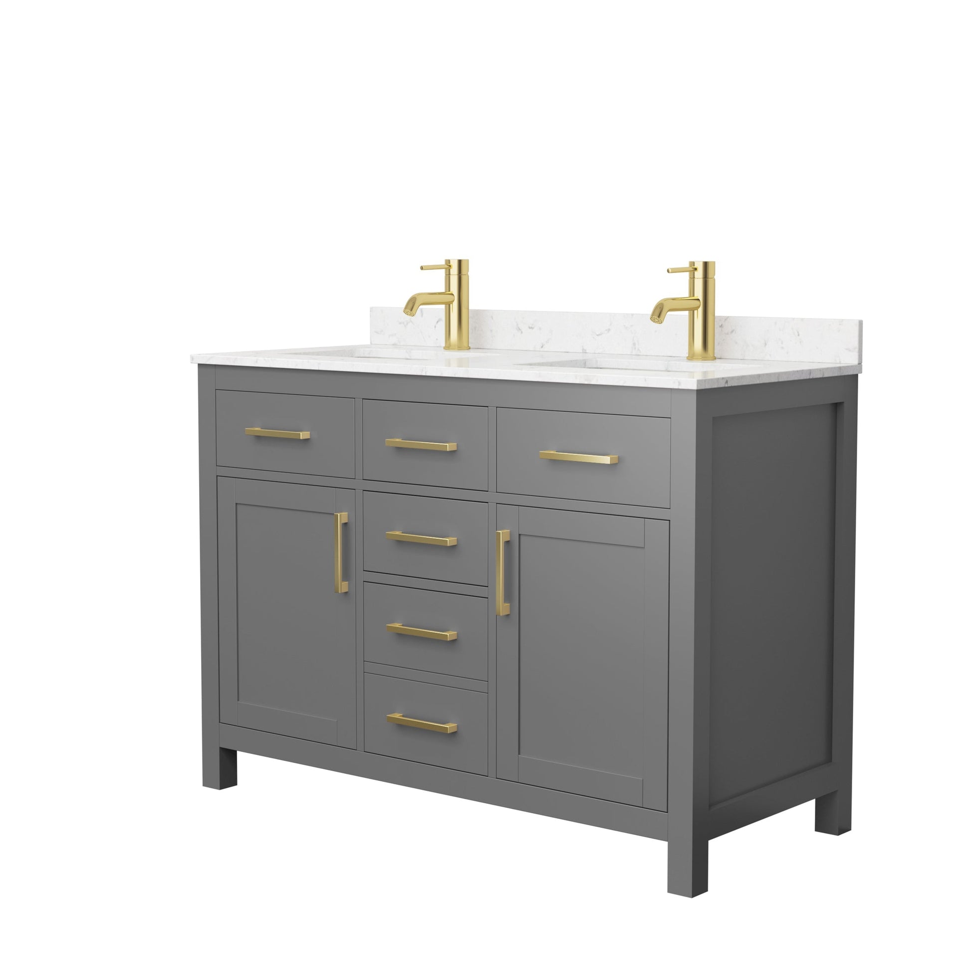 Wyndham Collection Beckett 48" Double Bathroom Dark Gray Vanity With White Carrara Cultured Marble Countertop, Undermount Square Sink And Brushed Gold Trim
