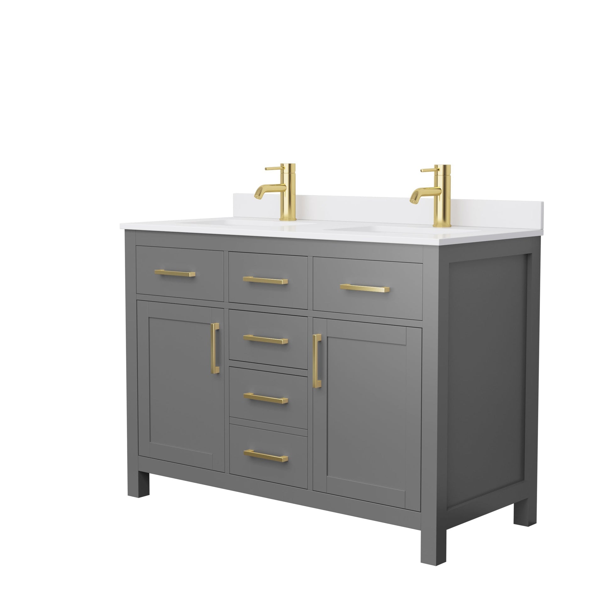Wyndham Collection Beckett 48" Double Bathroom Dark Gray Vanity With White Cultured Marble Countertop, Undermount Square Sink And Brushed Gold Trim