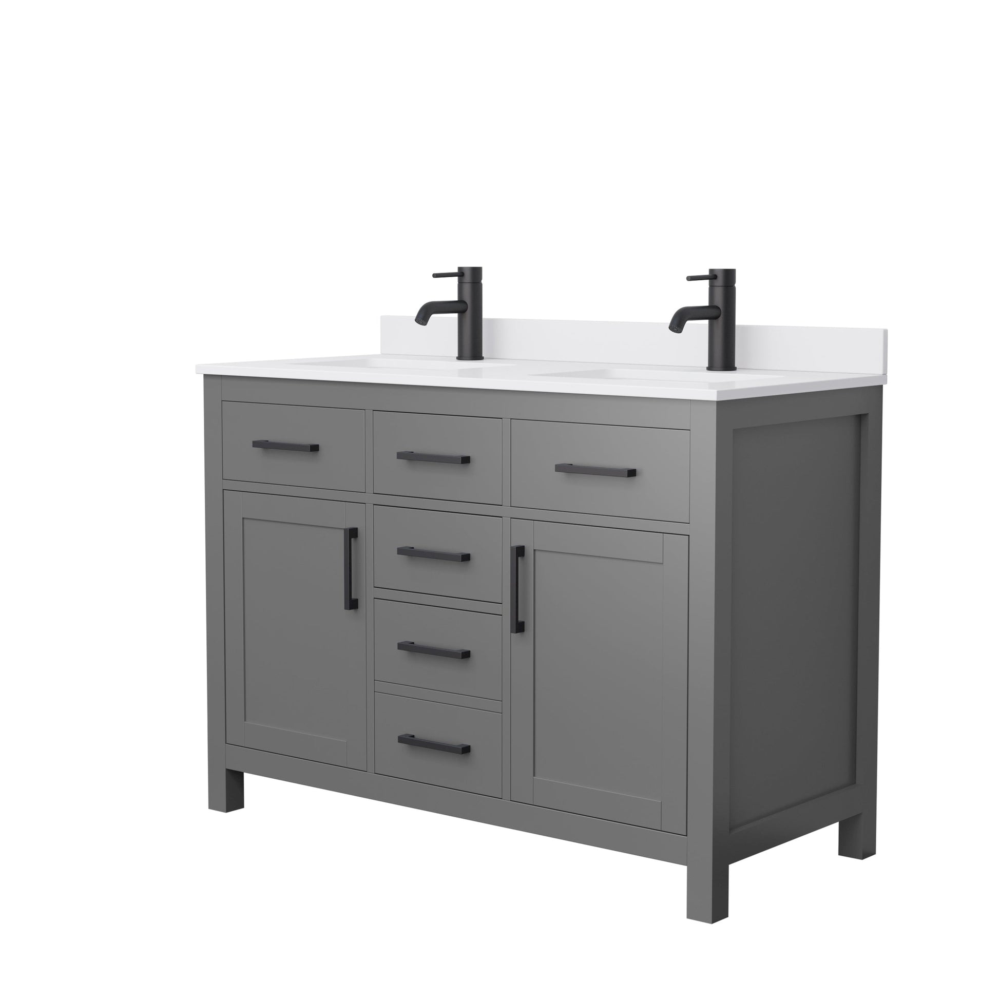 Wyndham Collection Beckett 48" Double Bathroom Dark Gray Vanity With White Cultured Marble Countertop, Undermount Square Sink And Matte Black Trim