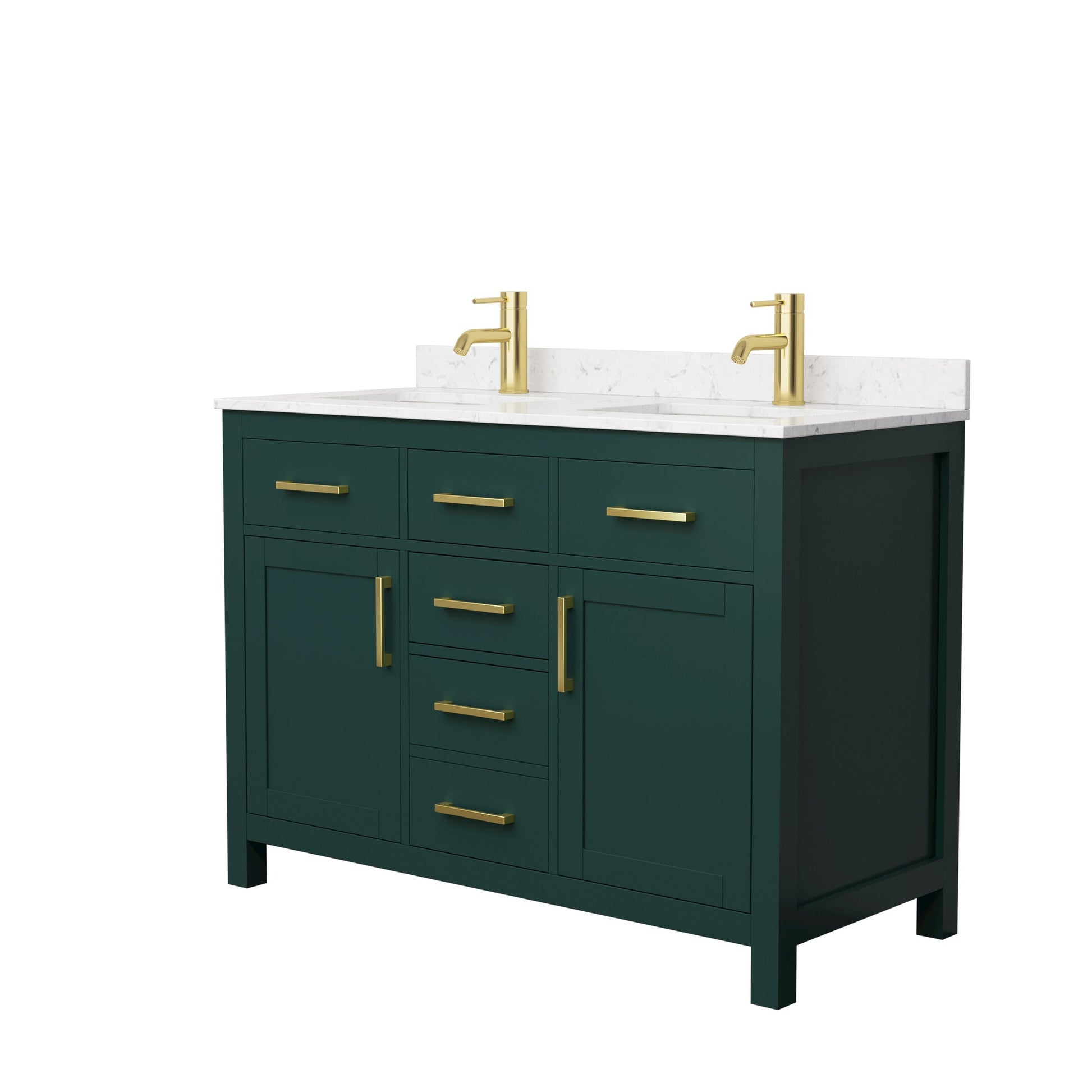 Wyndham Collection Beckett 48" Double Bathroom Green Vanity With White Carrara Cultured Marble Countertop, Undermount Square Sink And Brushed Gold Trim