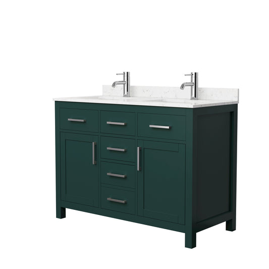 Wyndham Collection Beckett 48" Double Bathroom Green Vanity With White Carrara Cultured Marble Countertop, Undermount Square Sink And Brushed NIckel Trim