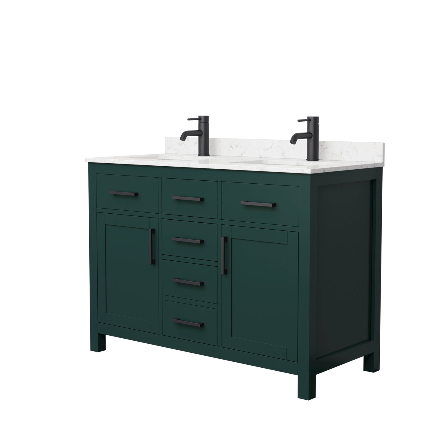 Wyndham Collection Beckett 48" Double Bathroom Green Vanity With White Carrara Cultured Marble Countertop, Undermount Square Sink And Matte Black Trim