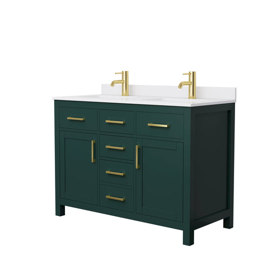 Wyndham Collection Beckett 48" Double Bathroom Green Vanity With White Cultured Marble Countertop, Undermount Square Sink And Brushed Gold Trim