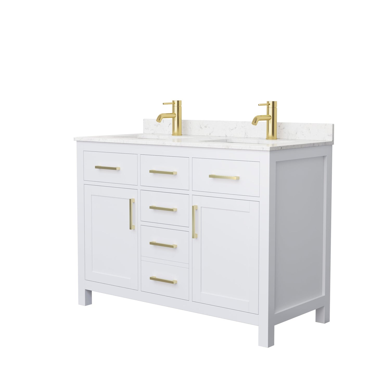 Wyndham Collection Beckett 48" Double Bathroom White Vanity With White Carrara Cultured Marble Countertop, Undermount Square Sink And Brushed Gold Trim