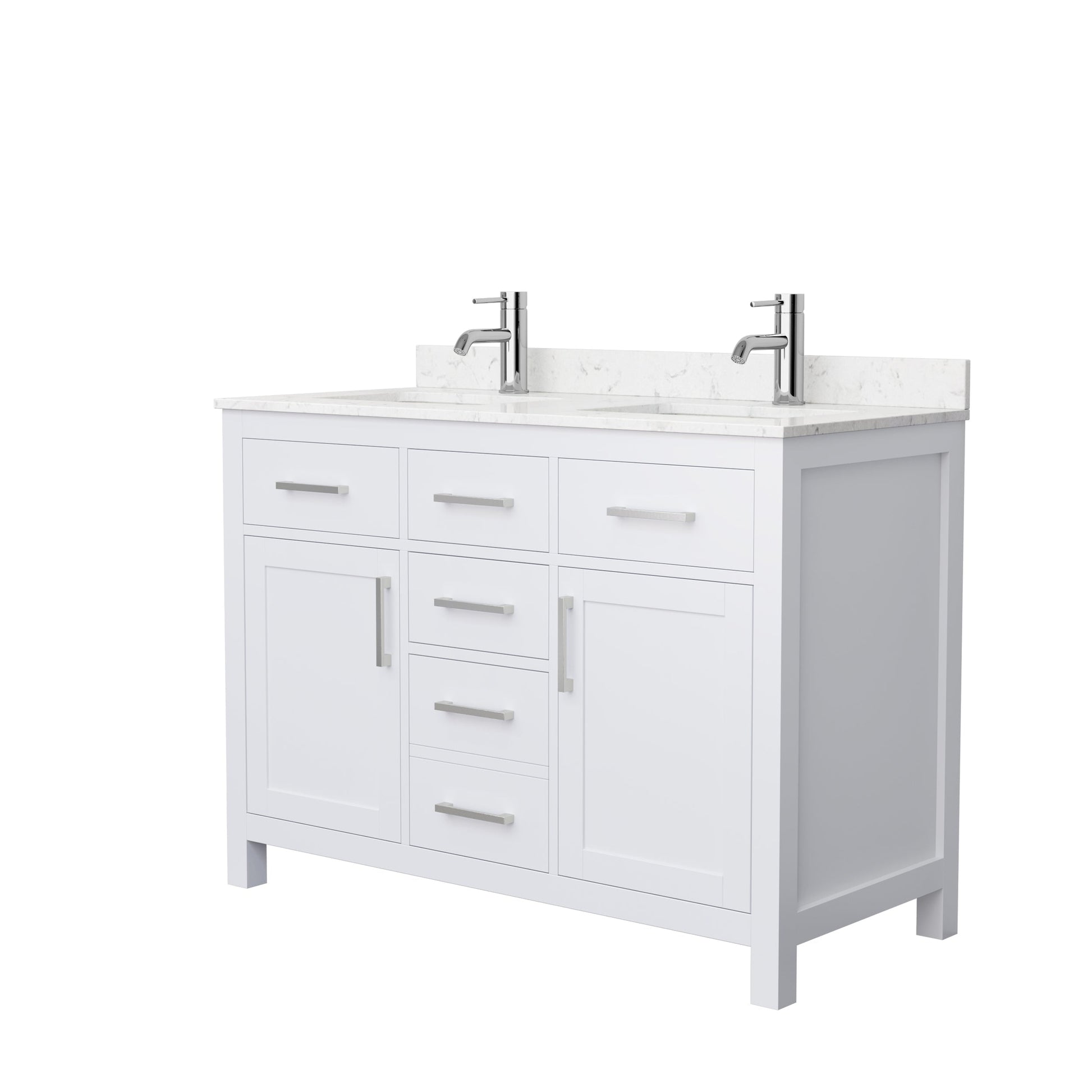 Wyndham Collection Beckett 48" Double Bathroom White Vanity With White Carrara Cultured Marble Countertop, Undermount Square Sink And Brushed NIckel Trim