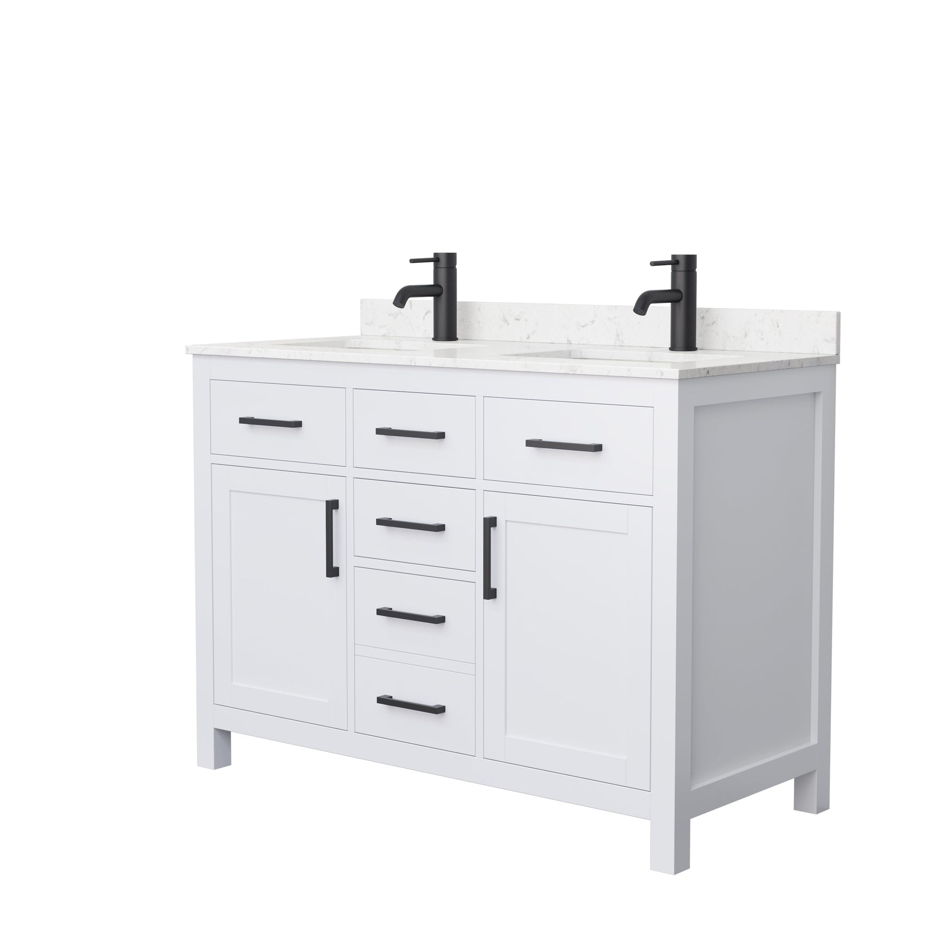 Wyndham Collection Beckett 48" Double Bathroom White Vanity With White Carrara Cultured Marble Countertop, Undermount Square Sink And Matte Black Trim