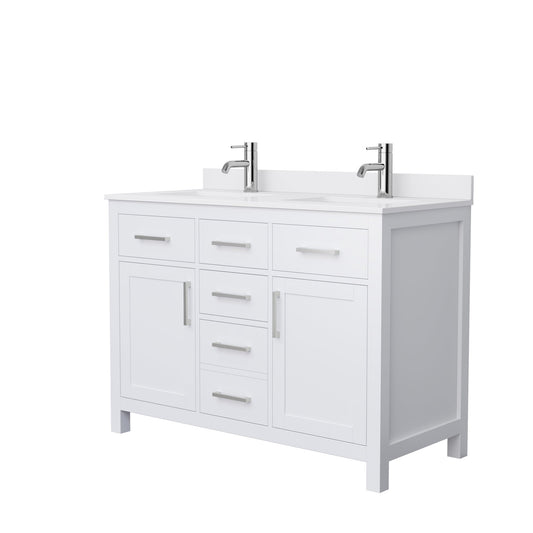 Wyndham Collection Beckett 48" Double Bathroom White Vanity With White Cultured Marble Countertop, Undermount Square Sink And Brushed NIckel Trim