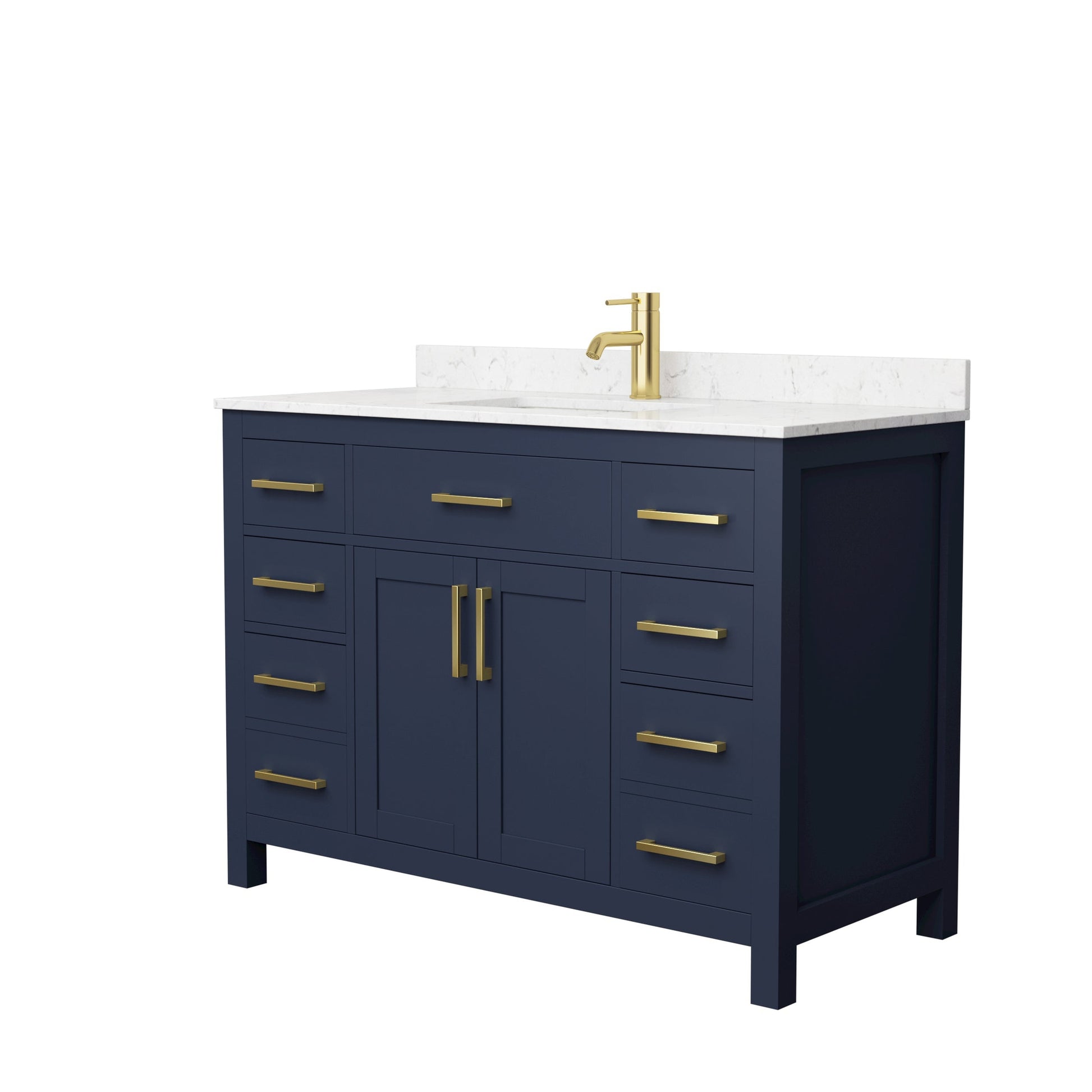 Wyndham Collection Beckett 48" Single Bathroom Dark Blue Vanity With White Carrara Cultured Marble Countertop, Undermount Square Sink And Brushed Gold Trim