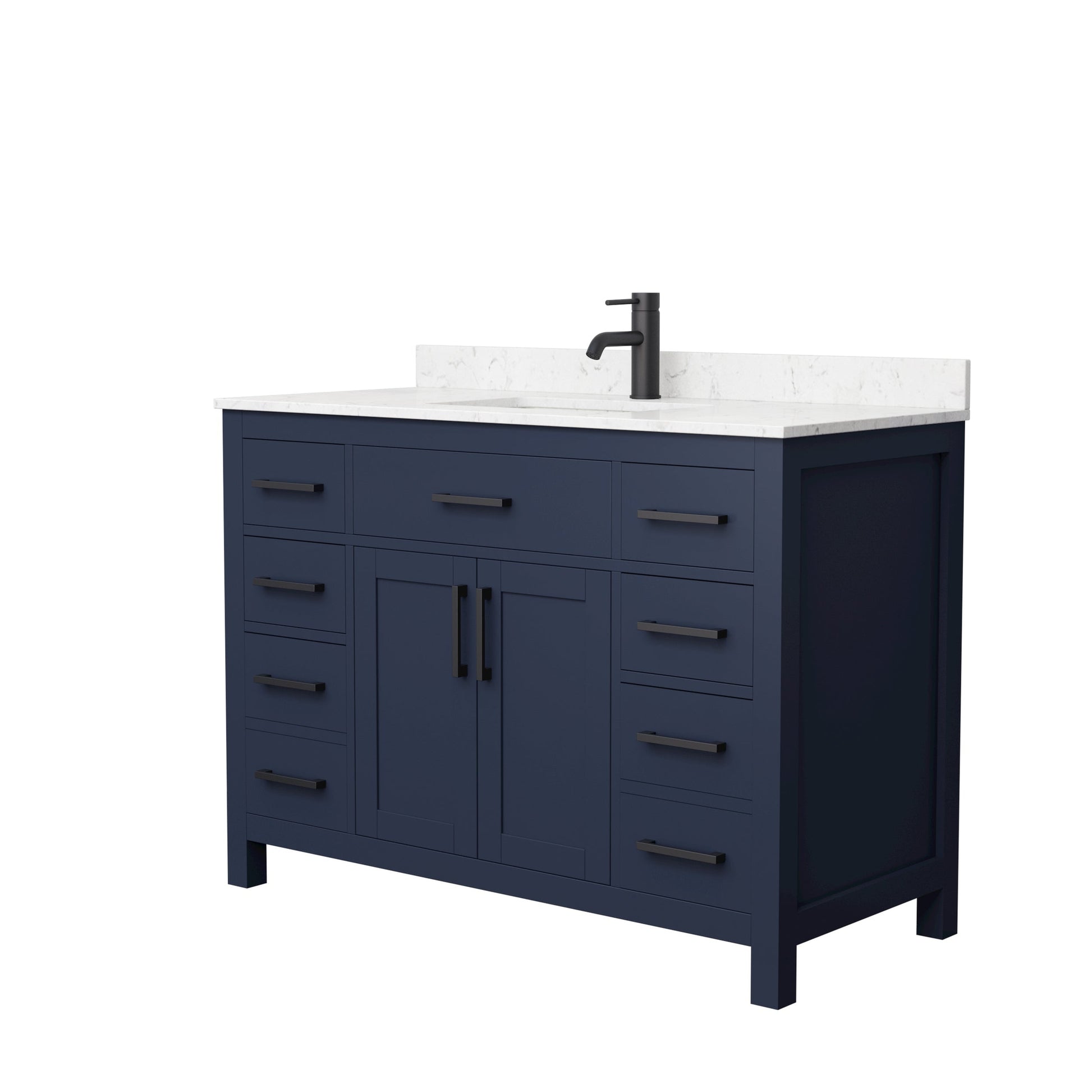 Wyndham Collection Beckett 48" Single Bathroom Dark Blue Vanity With White Carrara Cultured Marble Countertop, Undermount Square Sink And Matte Black Trim