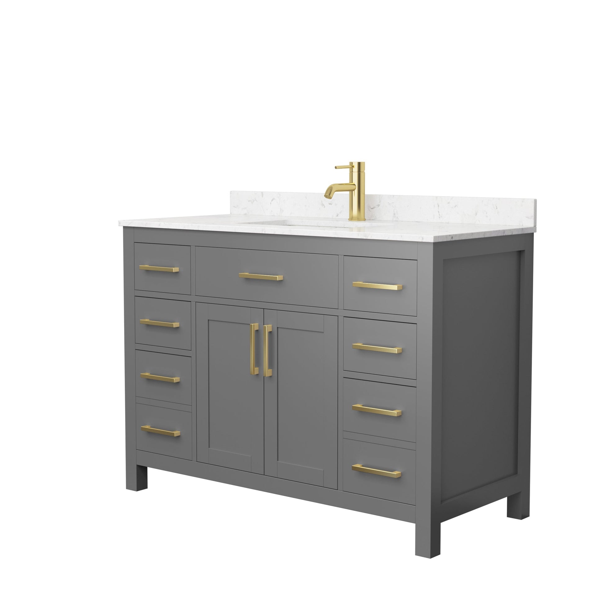 Wyndham Collection Beckett 48" Single Bathroom Dark Gray Vanity With White Carrara Cultured Marble Countertop, Undermount Square Sink And Brushed Gold Trim