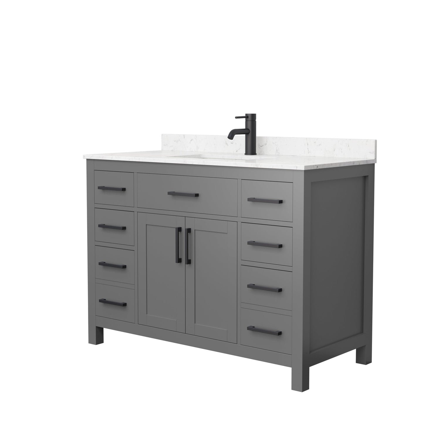 Wyndham Collection Beckett 48" Single Bathroom Dark Gray Vanity With White Carrara Cultured Marble Countertop, Undermount Square Sink And Matte Black Trim