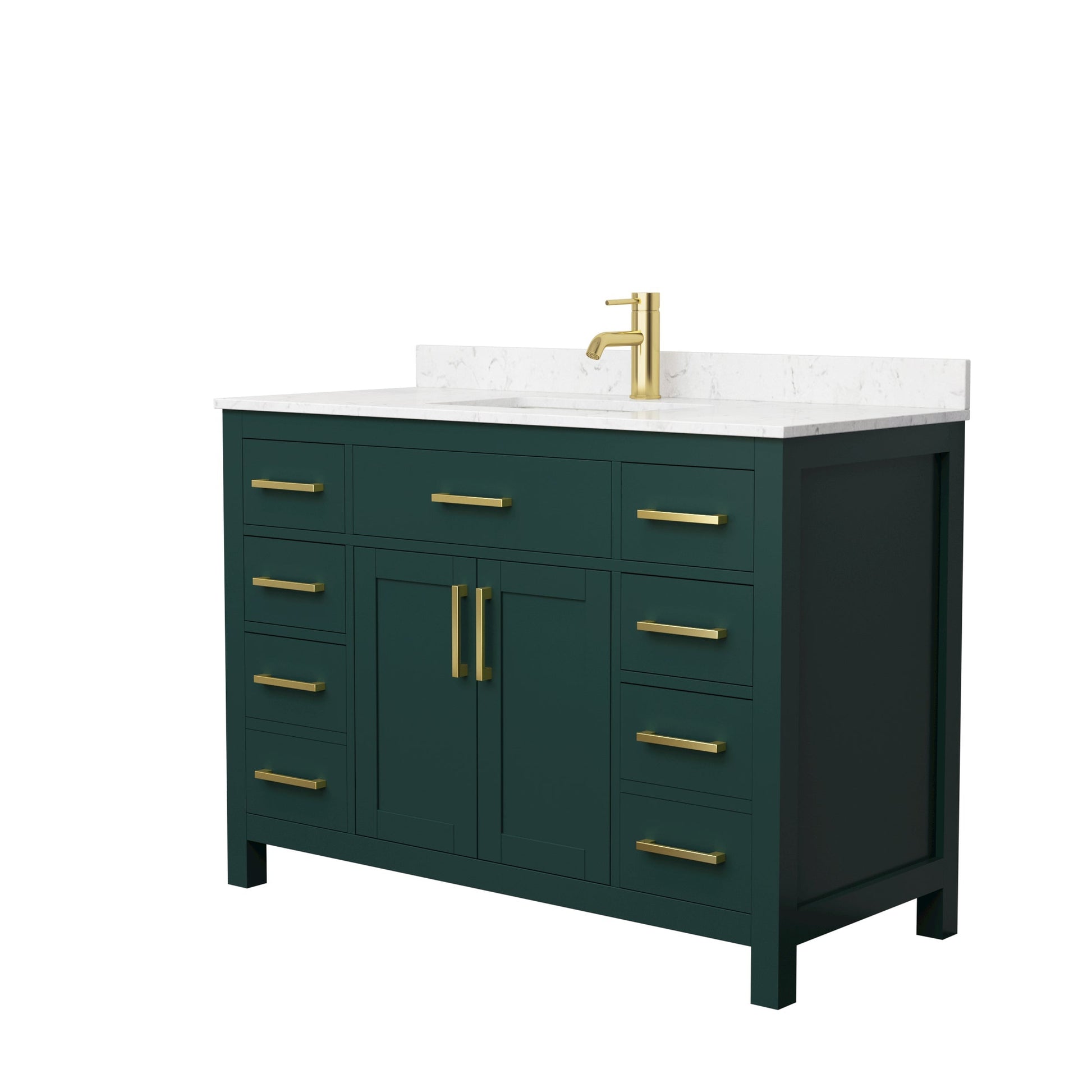 Wyndham Collection Beckett 48" Single Bathroom Green Vanity With White Carrara Cultured Marble Countertop, Undermount Square Sink And Brushed Gold Trim