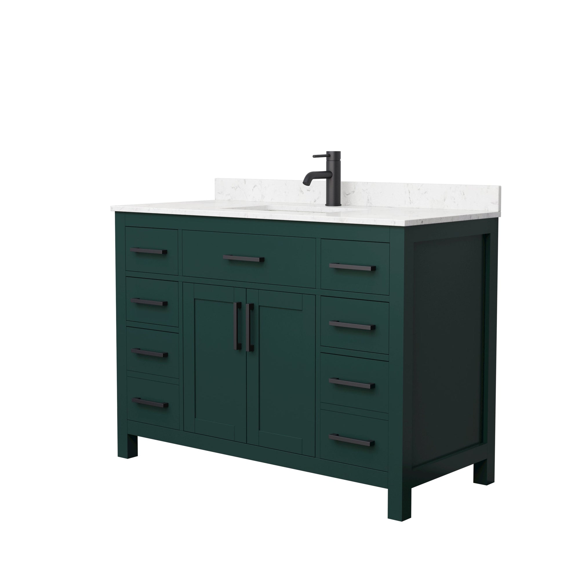 Wyndham Collection Beckett 48" Single Bathroom Green Vanity With White Carrara Cultured Marble Countertop, Undermount Square Sink And Matte Black Trim