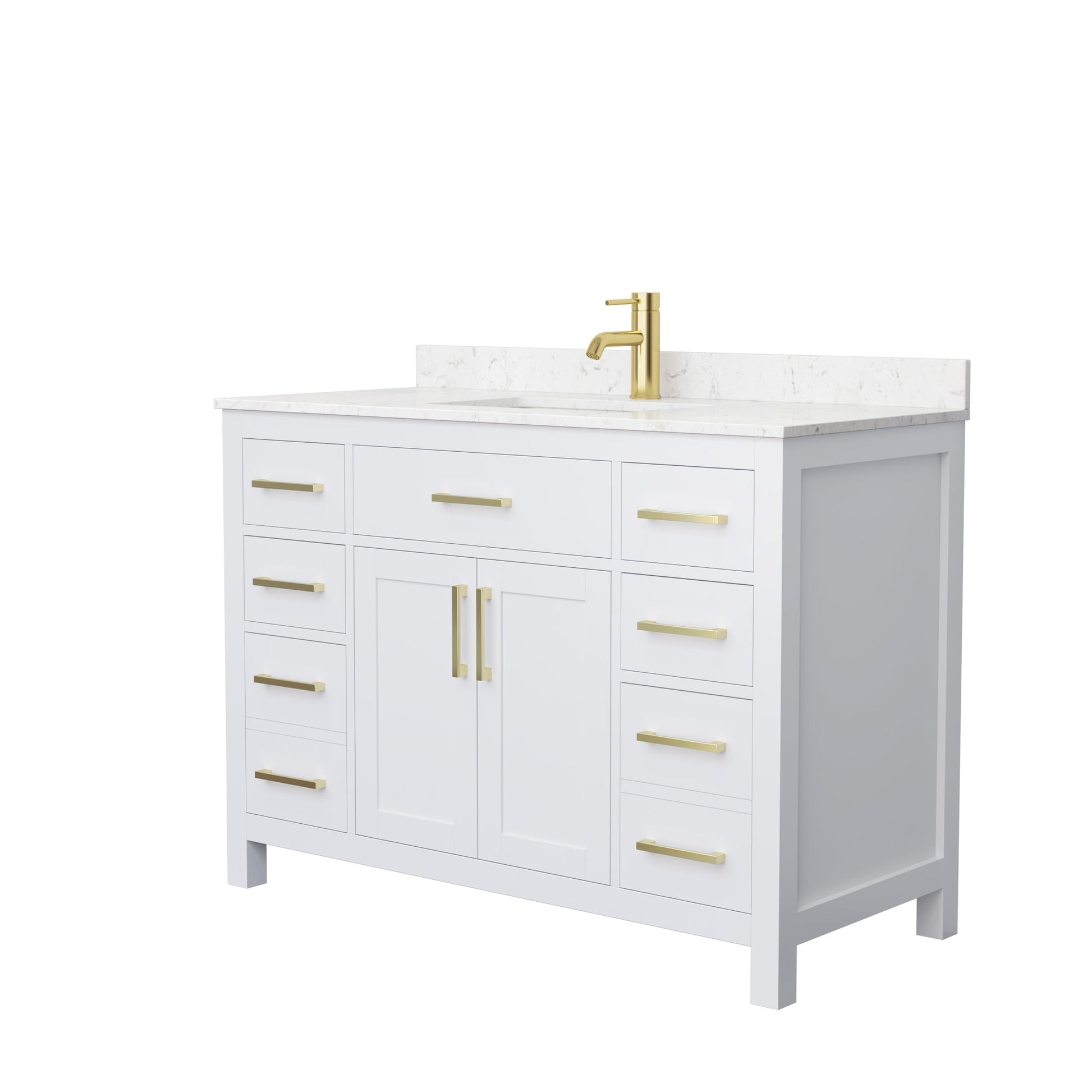 Wyndham Collection Beckett 48" Single Bathroom White Vanity With White Carrara Cultured Marble Countertop, Undermount Square Sink And Brushed Gold Trim