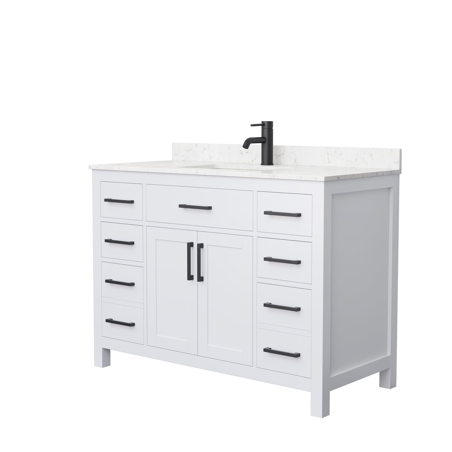 Wyndham Collection Beckett 48" Single Bathroom White Vanity With White Carrara Cultured Marble Countertop, Undermount Square Sink And Matte Black Trim