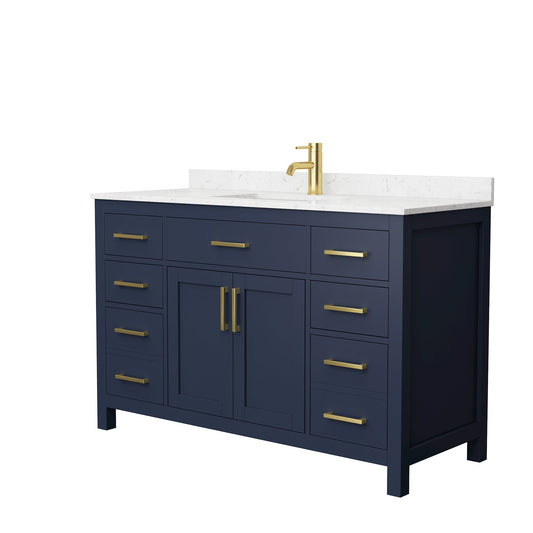 Wyndham Collection Beckett 54" Single Bathroom Dark Blue Vanity With White Carrara Cultured Marble Countertop, Undermount Square Sink And Brushed Gold Trim