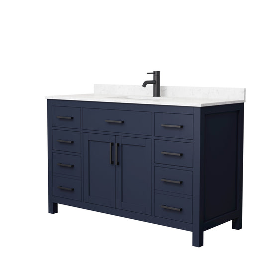 Wyndham Collection Beckett 54" Single Bathroom Dark Blue Vanity With White Carrara Cultured Marble Countertop, Undermount Square Sink And Matte Black Trim