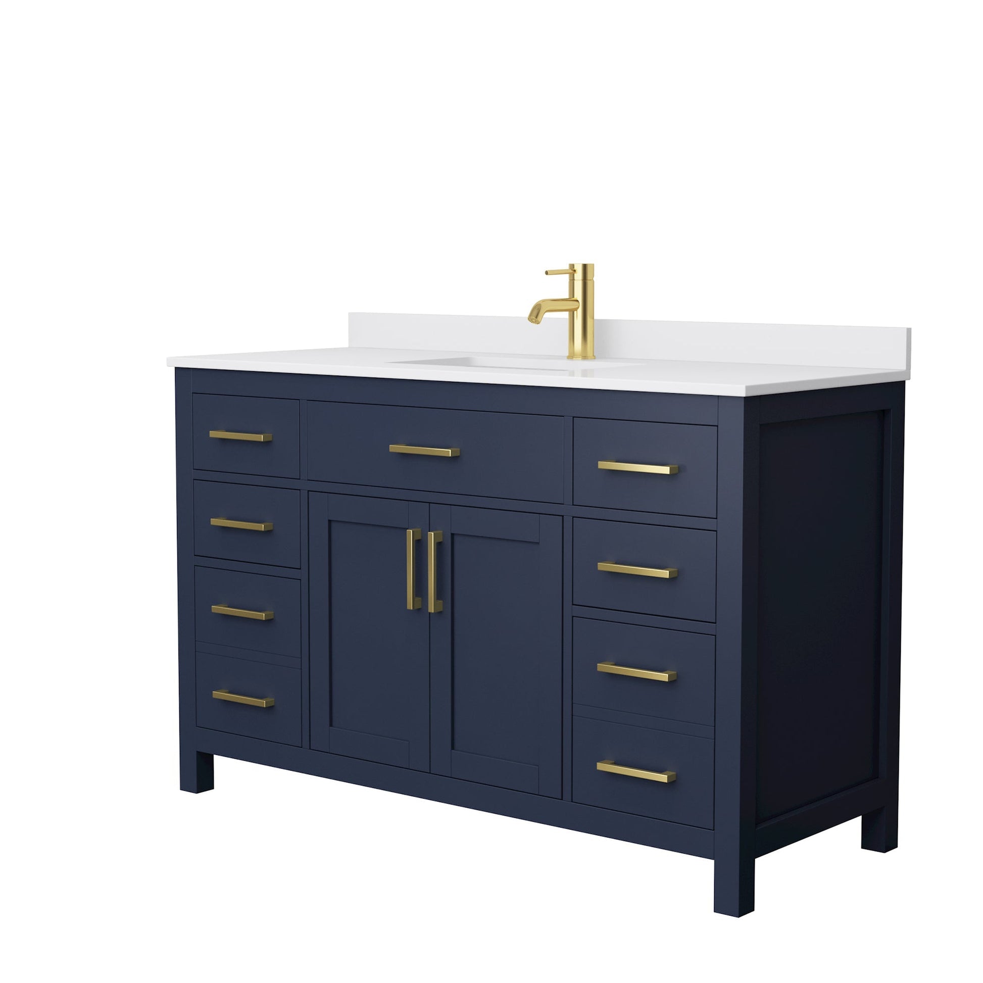 Wyndham Collection Beckett 54" Single Bathroom Dark Blue Vanity With White Cultured Marble Countertop, Undermount Square Sink And Brushed Gold Trim