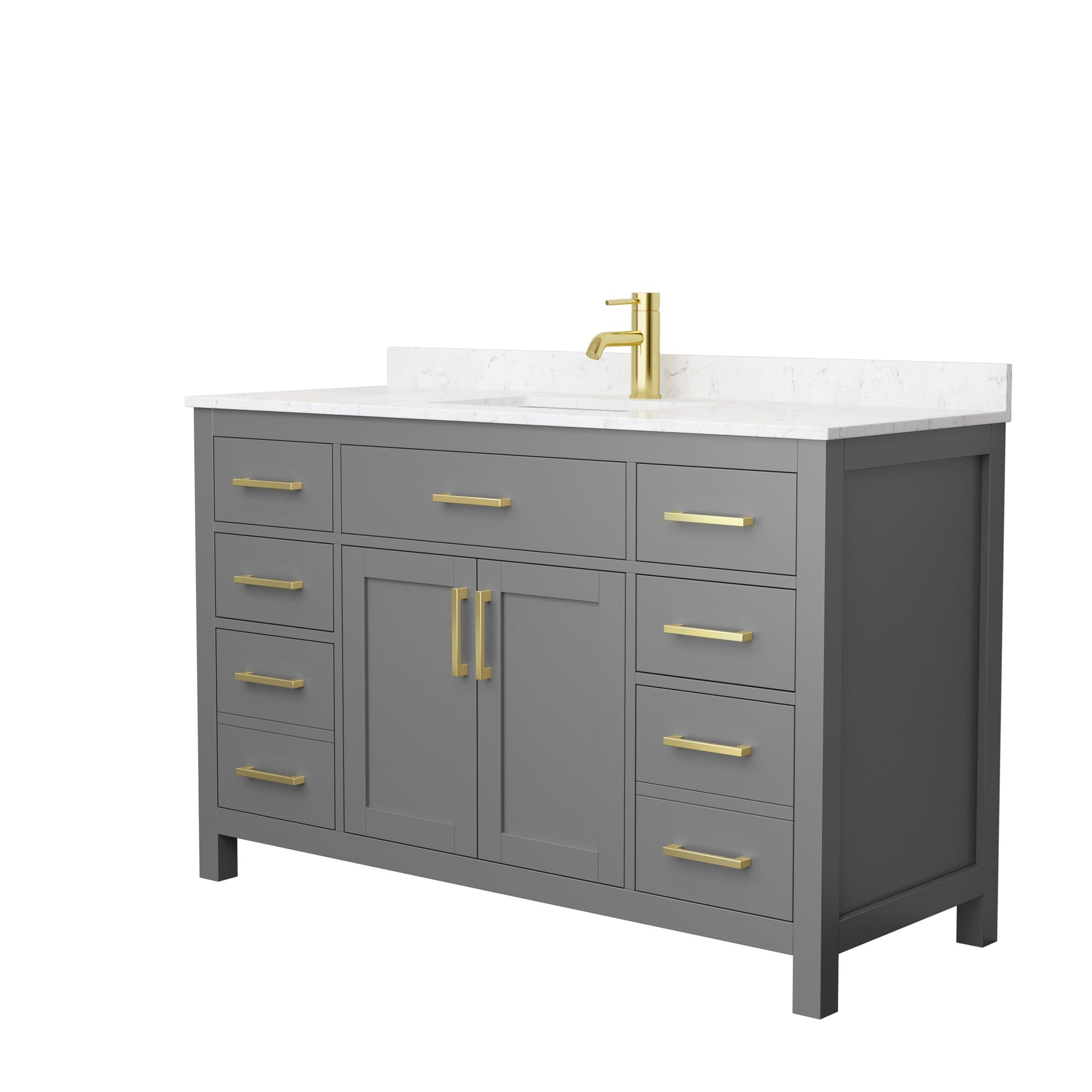 Wyndham Collection Beckett 54" Single Bathroom Dark Gray Vanity With White Carrara Cultured Marble Countertop, Undermount Square Sink And Brushed Gold Trim