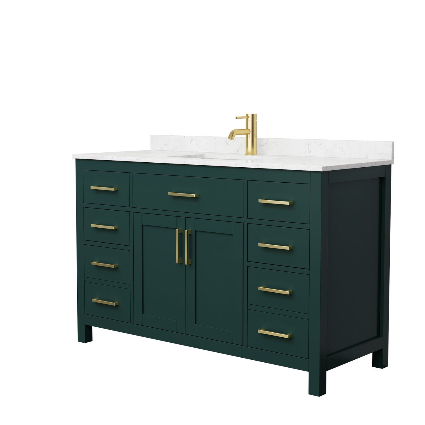 Wyndham Collection Beckett 54" Single Bathroom Green Vanity With White Carrara Cultured Marble Countertop, Undermount Square Sink And Brushed Gold Trim