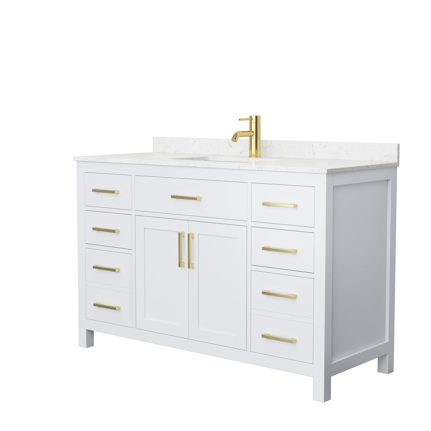 Wyndham Collection Beckett 54" Single Bathroom White Vanity With White Carrara Cultured Marble Countertop, Undermount Square Sink And Brushed Gold Trim
