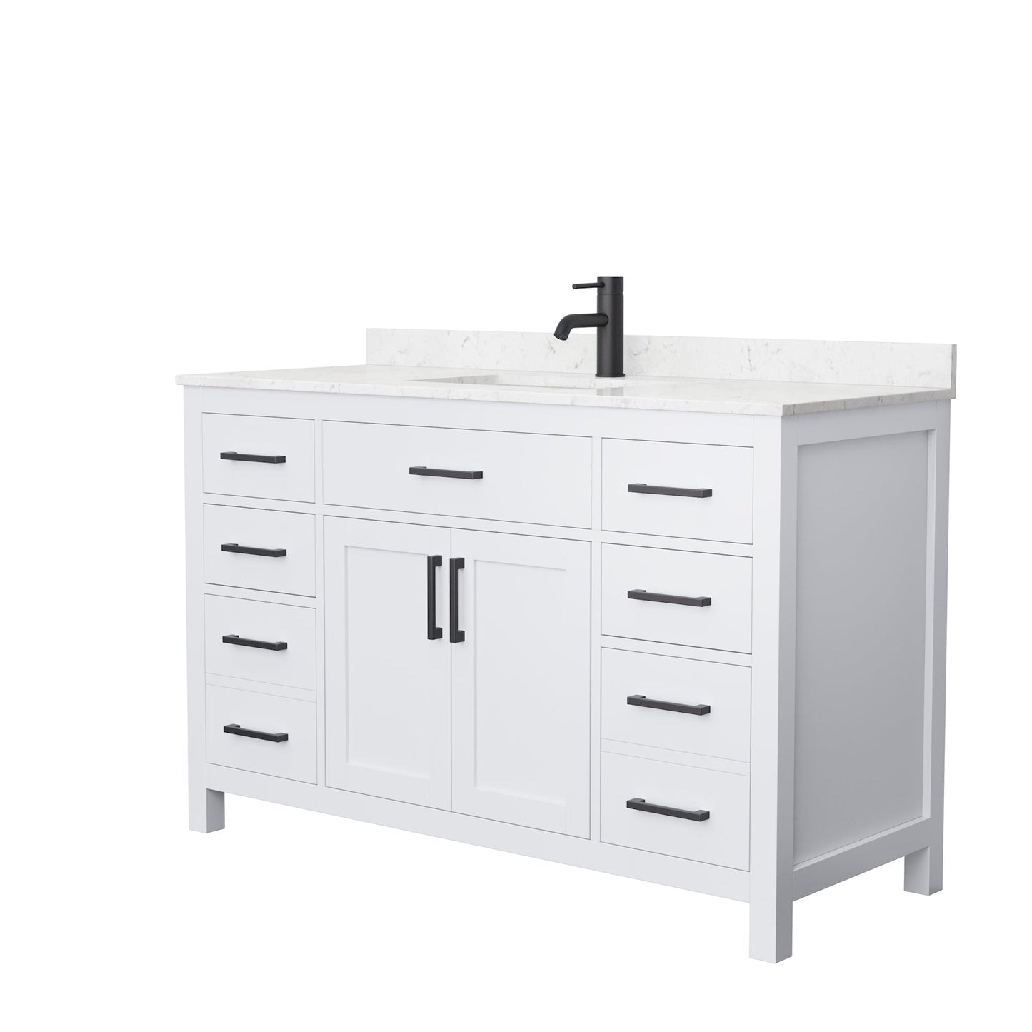 Wyndham Collection Beckett 54" Single Bathroom White Vanity With White Carrara Cultured Marble Countertop, Undermount Square Sink And Matte Black Trim