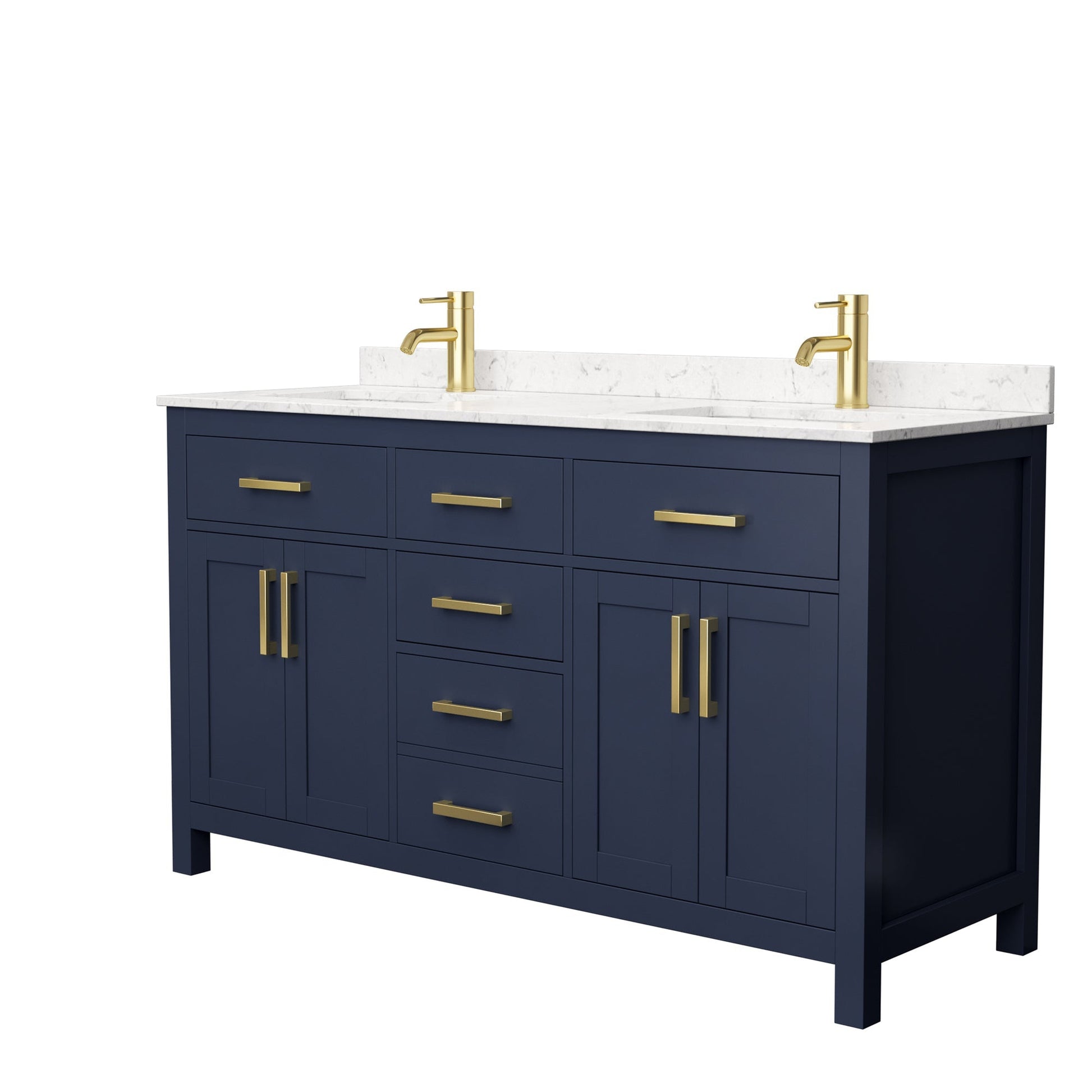 Wyndham Collection Beckett 60" Double Bathroom Dark Blue Vanity With White Carrara Cultured Marble Countertop, Undermount Square Sink And Brushed Gold Trim