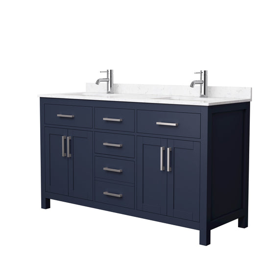 Wyndham Collection Beckett 60" Double Bathroom Dark Blue Vanity With White Carrara Cultured Marble Countertop, Undermount Square Sink And Brushed Nickel Trim